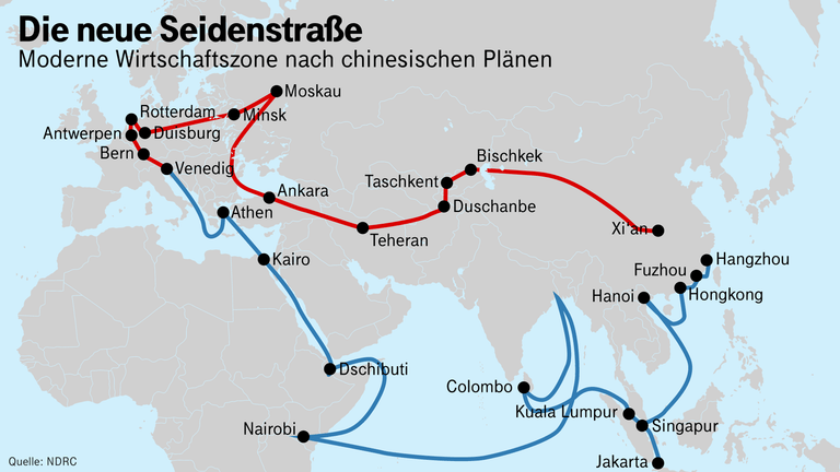 Karte der neuen Seidenstraße: Einige der wichtigsten Städte, die durch Straßen, Schienen oder Schiffsrouten verbunden sein sollen.