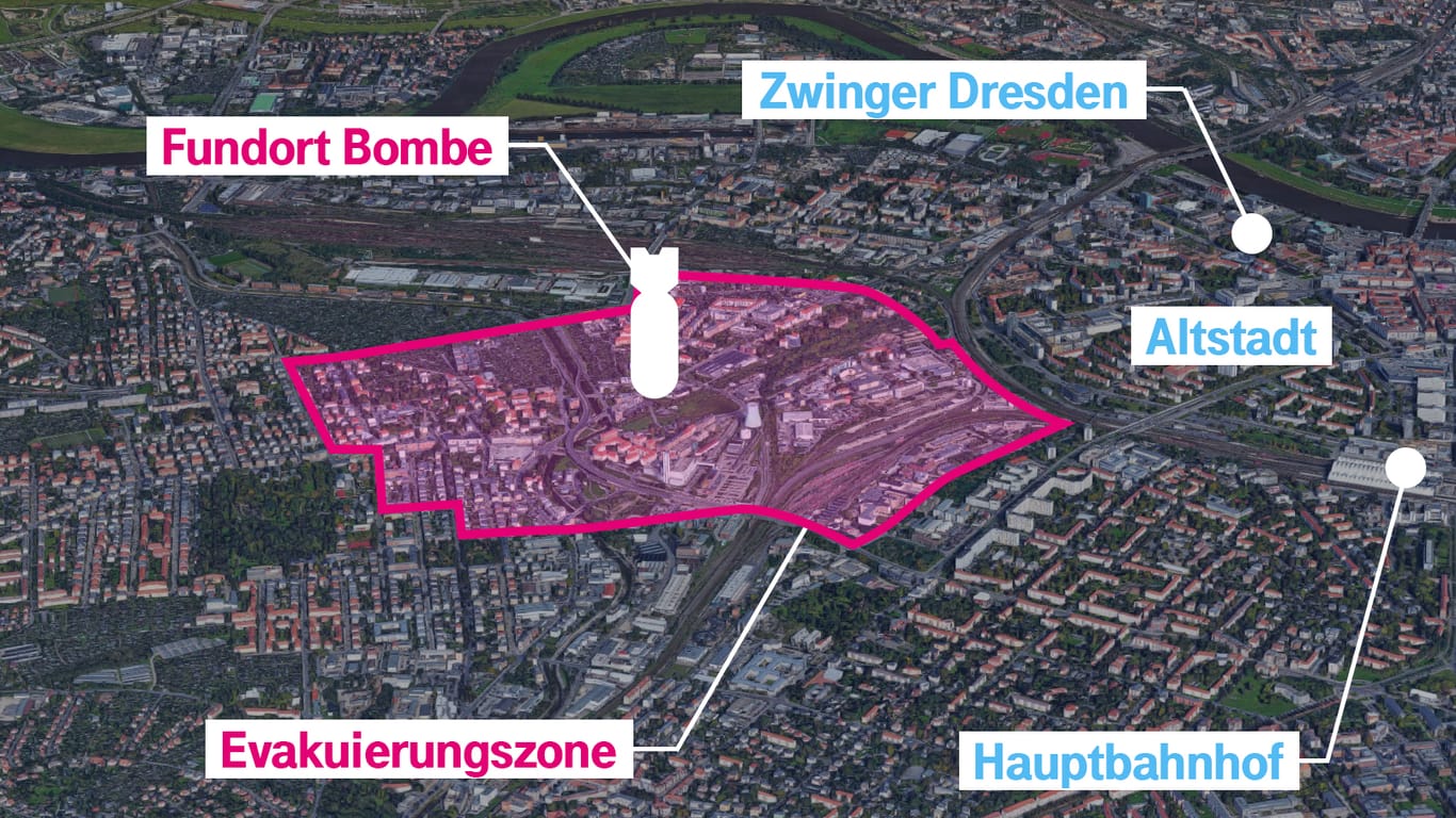 Karte von Dresden: Die Bombe wurde am Rand der Innenstadt gefunden.