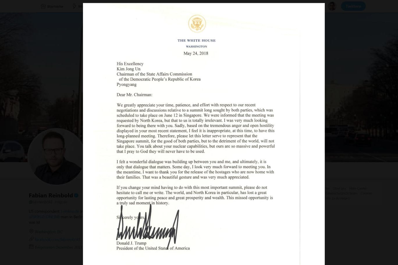In diesem Schreiben an Kim Jong Un sagt Donald Trump den geplanten Gipfel ab.