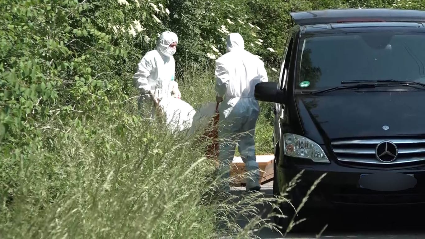 Grausiger Fund in Höver: Tatortermittler transportieren die Leiche ab, die ein Radfahrer in der Nähe der B65 gefunden hat.