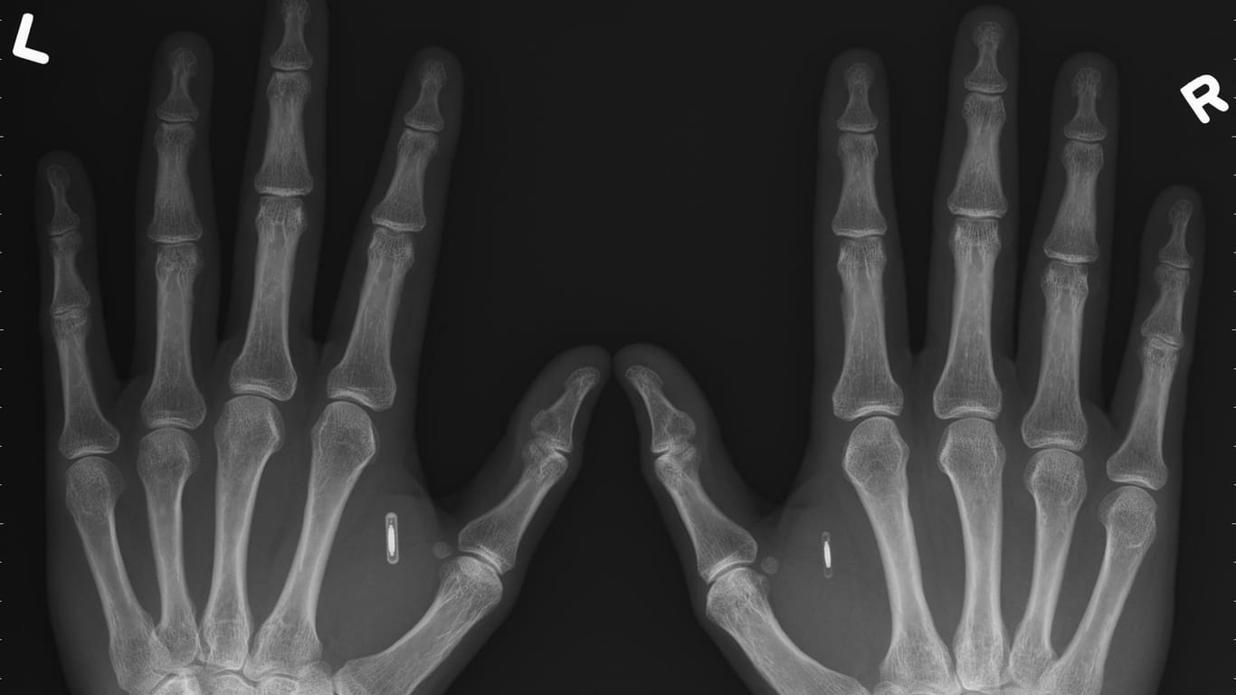 Eine Röntgenaufnahme zeigt zwei Hände, in denen je ein Mikrochip implantiert ist (Archivbild).
