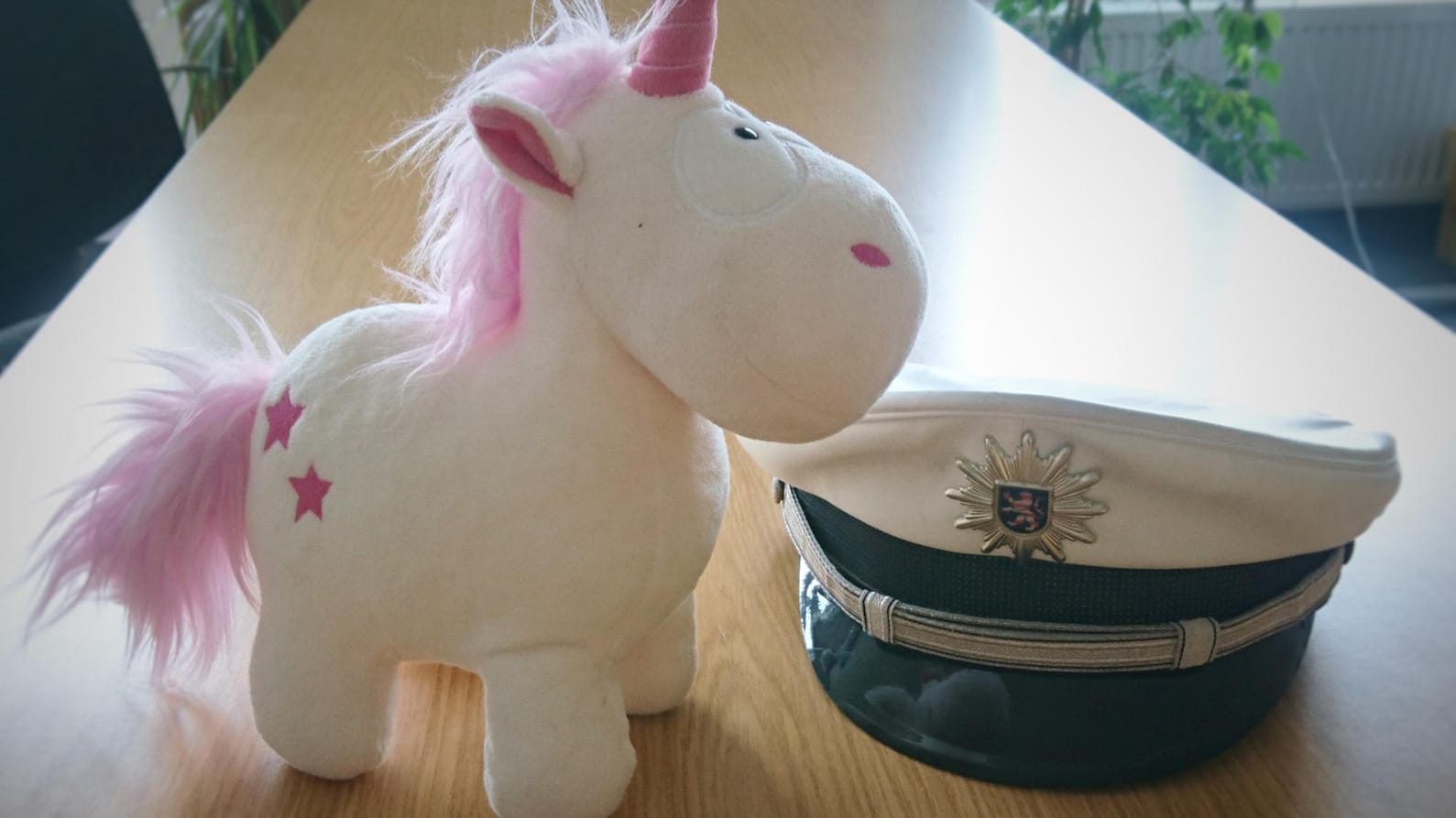 Das Einhorn "Marina" neben einer Polizeimütze: Zurück reiste das Plüschtier mit einem neuen Gefährten, dem Kuschel-Löwen der Polizei Leon. Das Einhorn "Marina" neben einer Polizeimütze: Zurück reiste das Plüschtier mit einem neuen Gefährten, dem Kuschel-Löwen der Polizei Leon.