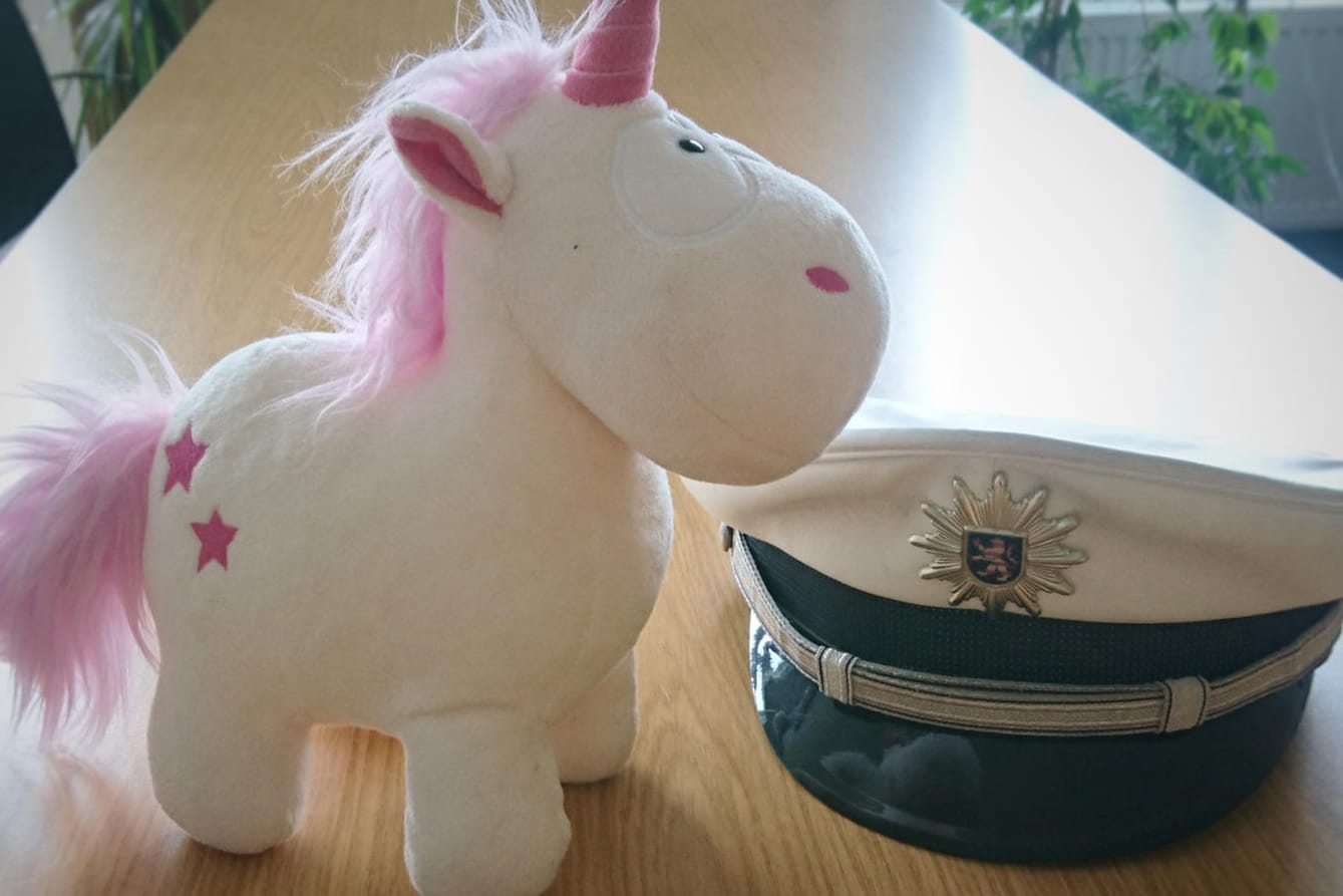 Das Einhorn "Marina" neben einer Polizeimütze: Zurück reiste das Plüschtier mit einem neuen Gefährten, dem Kuschel-Löwen der Polizei Leon.