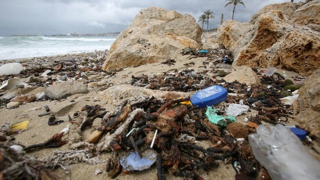 Müll, vermischt mit sanitären Abfällen, liegt am Strand in der Bucht von Palma. Müll, vermischt mit sanitären Abfällen, liegt am Strand in der Bucht von Palma.