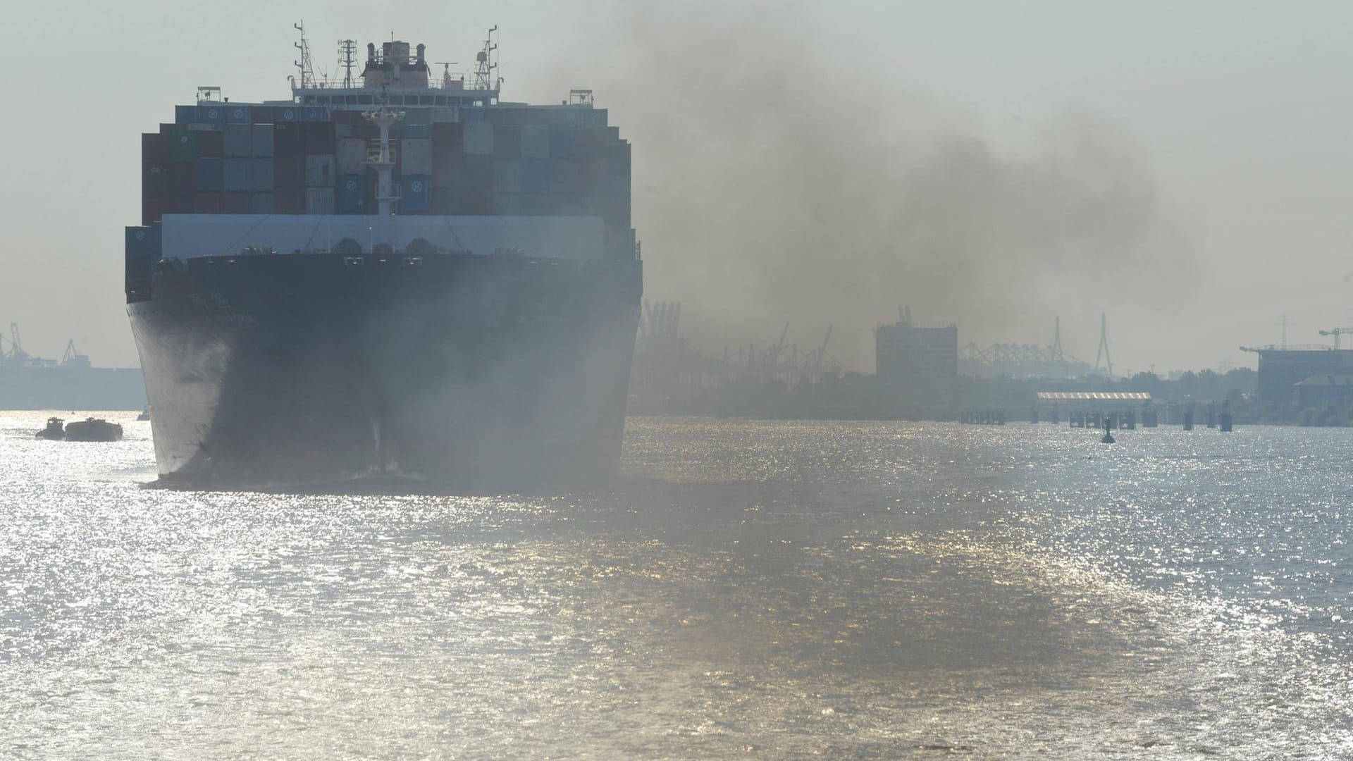 Dicke Luft: Ein Containerschiff auf der Elbe in Hamburg.