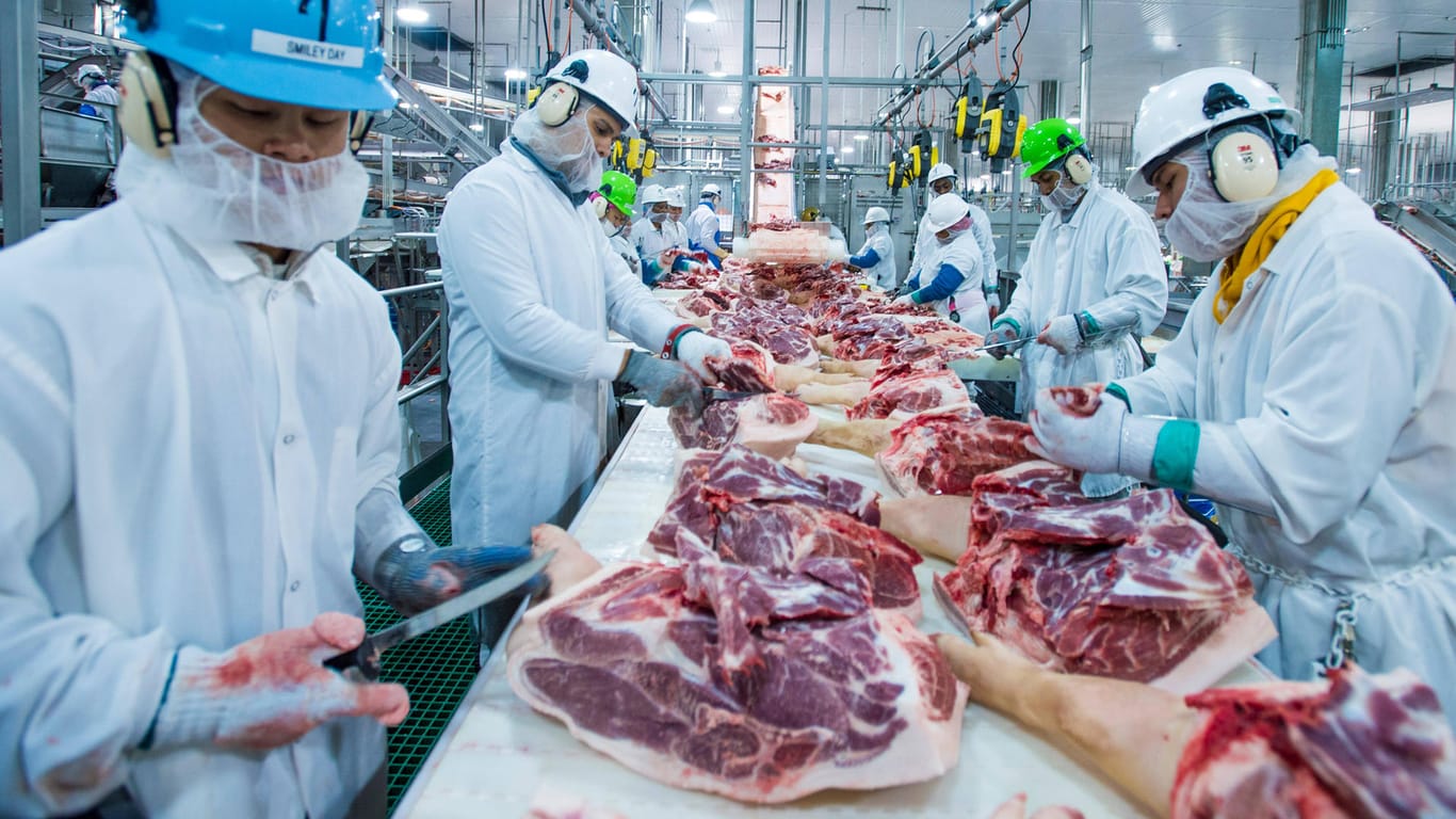 Arbeiter zerlegen Schweine in einer Fabrik in den USA: Mexiko könnte nach Verhängung der Strafzölle nun auf Schweinefleisch aus Kanada und der EU setzen.