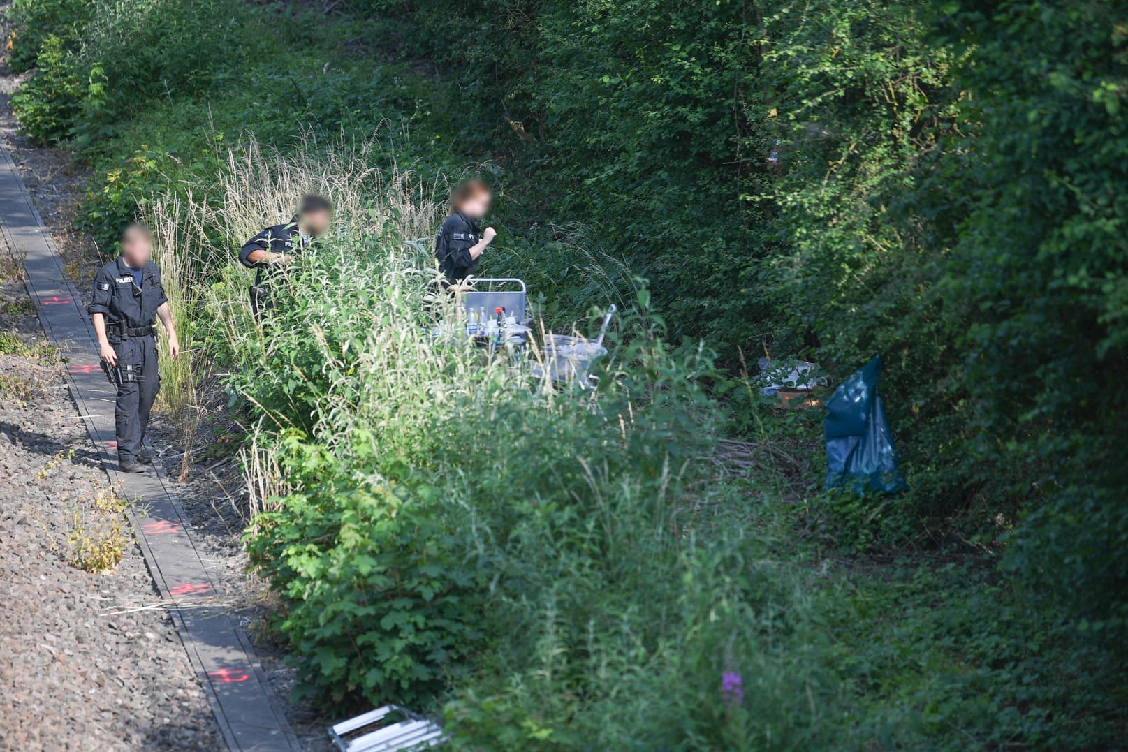 Polizeibeamte gehen an einer Bahnstrecke nahe Wiesbaden-Erbenheim entlang auf dem Weg zu einem Leichenfundort in einem Gebüsch: Susannas Mutter erhielt am Abend des Verschwindens eine Nachricht von Susannas Handy.