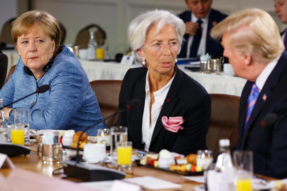 Trump, Merkel (li.) und IWF-Chefin Lagarde: In wesentlichen Streitpunkten weit auseinander.