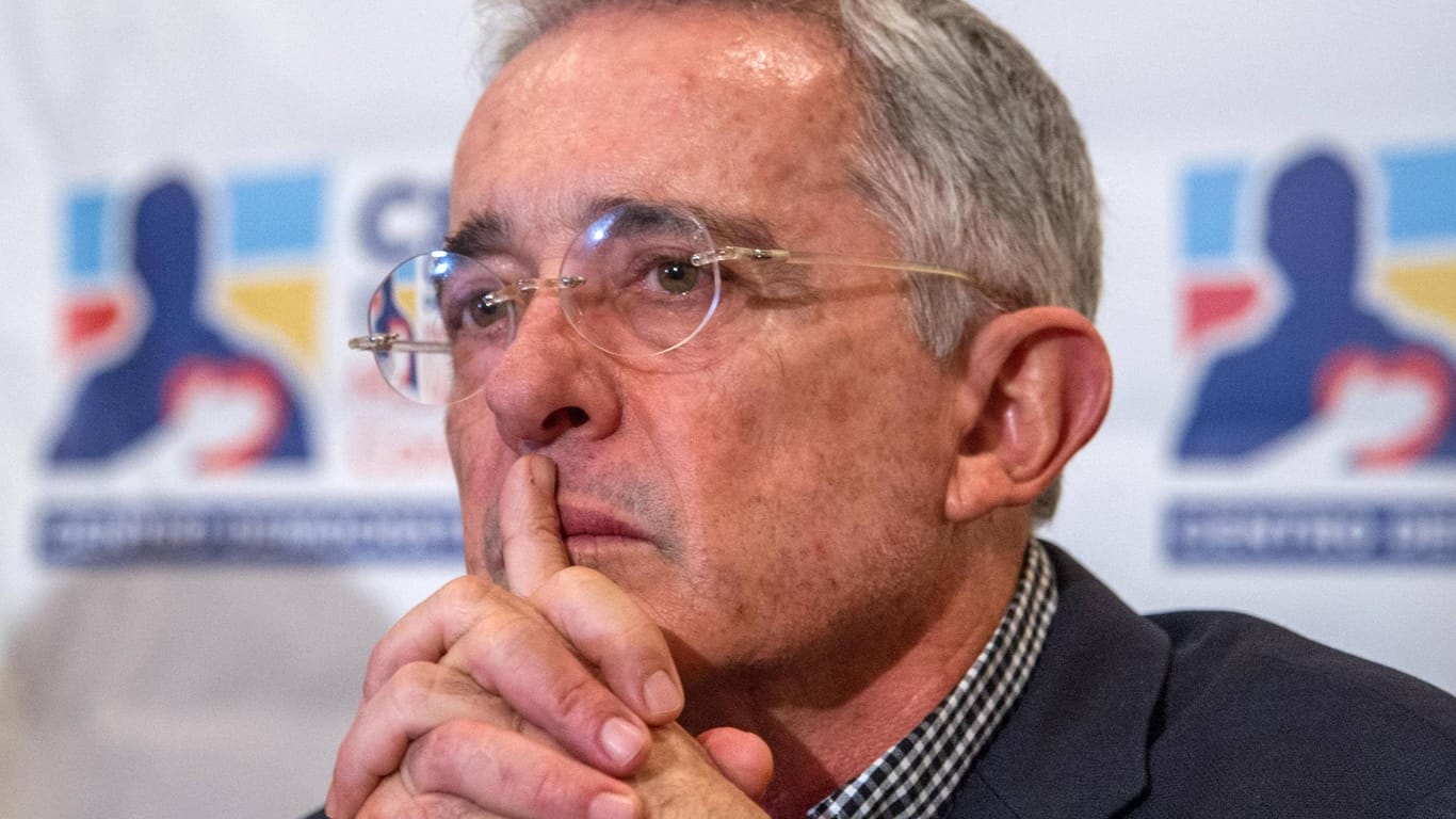 The former president and Colombian senator Alvaro Uribe Velez speaks during a press conference in th