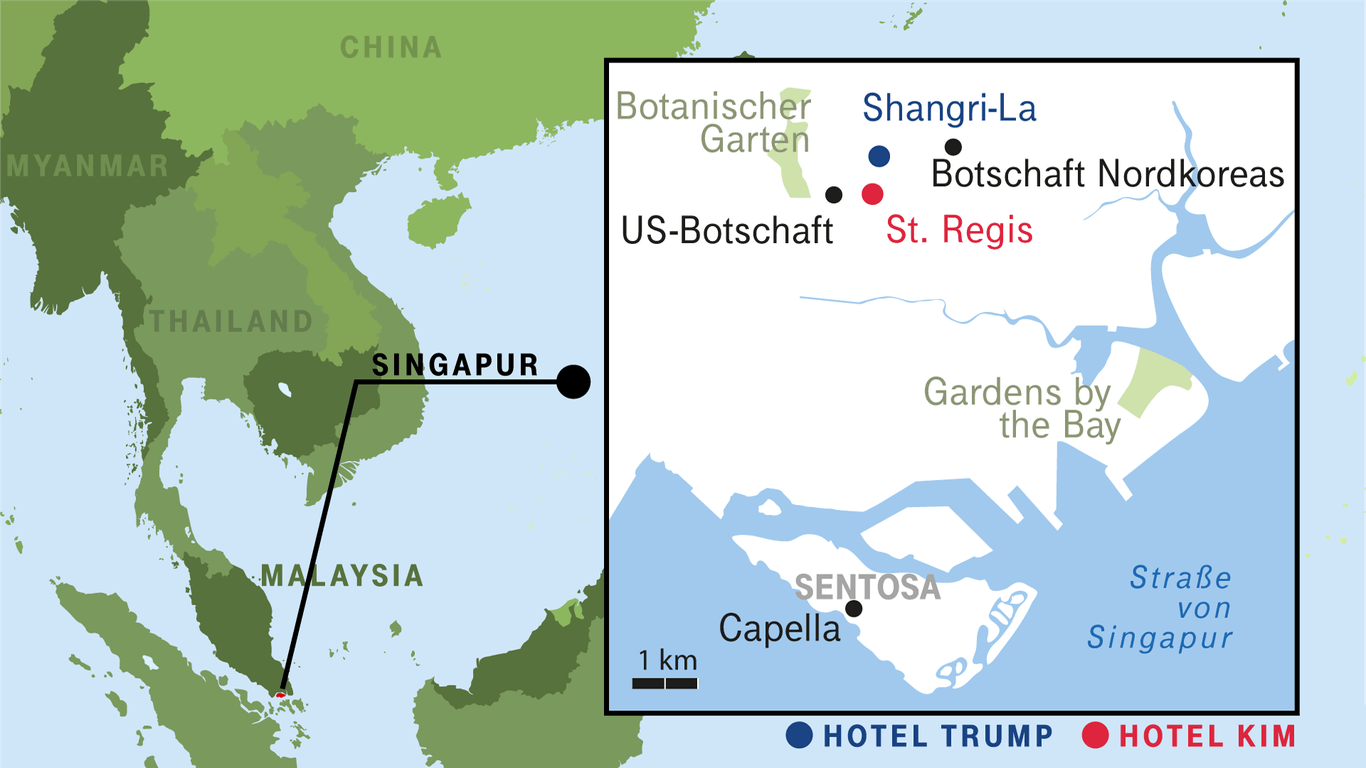 Der Gipfelort Singapur: Kim und Trump wohnen jeweils in unterschiedlichen Hotels des Stadtstaates. Das Gipfeltreffen findet in der Fünf-Sterne-Unterkunft "Capella" auf der vorgelagerten Insel Sentosa statt.