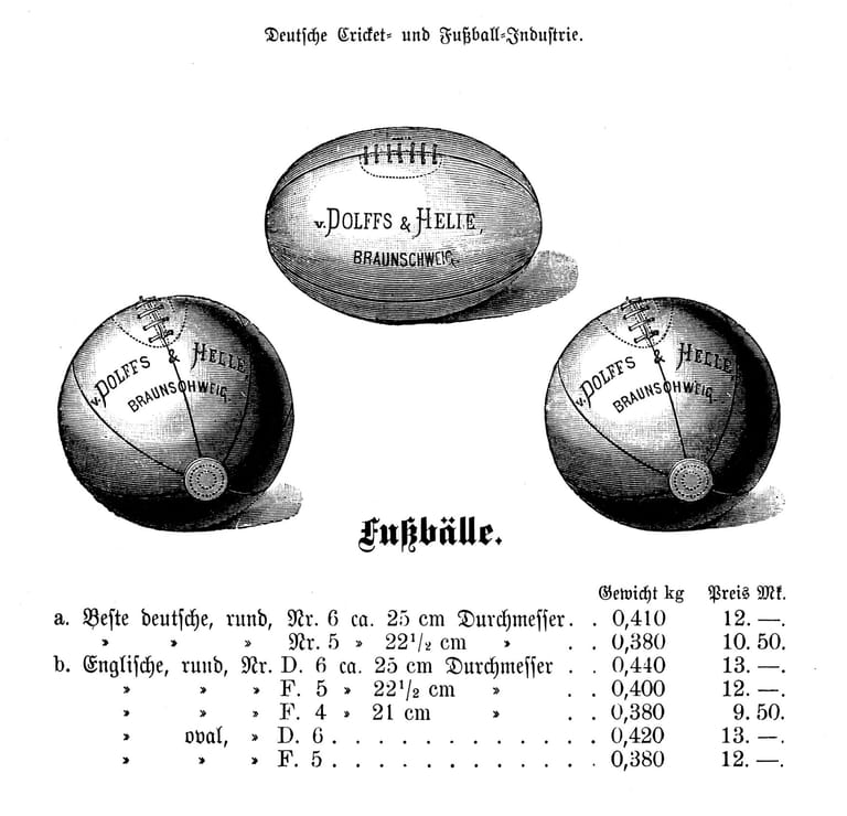 Fußbälle für Braunschweig: Werbung eines Spielgeräteherstellers, über den deutsche und englische Fußbälle bereits Ende der 1870er- Jahre geordert werden konnten.