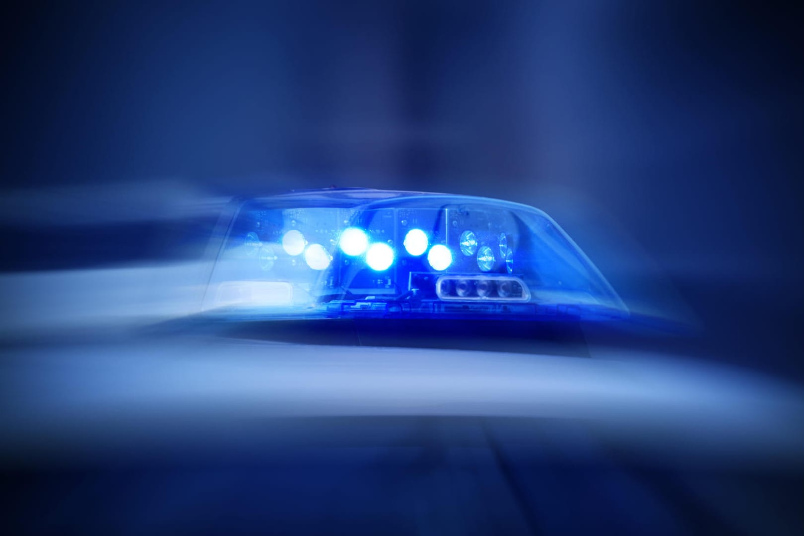 Polizei-Fahrzeug mit angeschaltetem Blaulicht: Mann soll Pferd mit Messerstichen getötet haben.