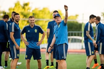 Schwedens Stürmer Marcus Berg (l) mit Mitspieler Larsson (M) und Trainer Andersson.