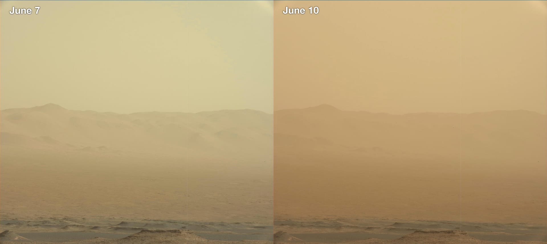 Zwei Aufnahmen, die vom Mars-Rover angefertigt worden, zeigen die geringe Sichtweite während des Sandsturmes.