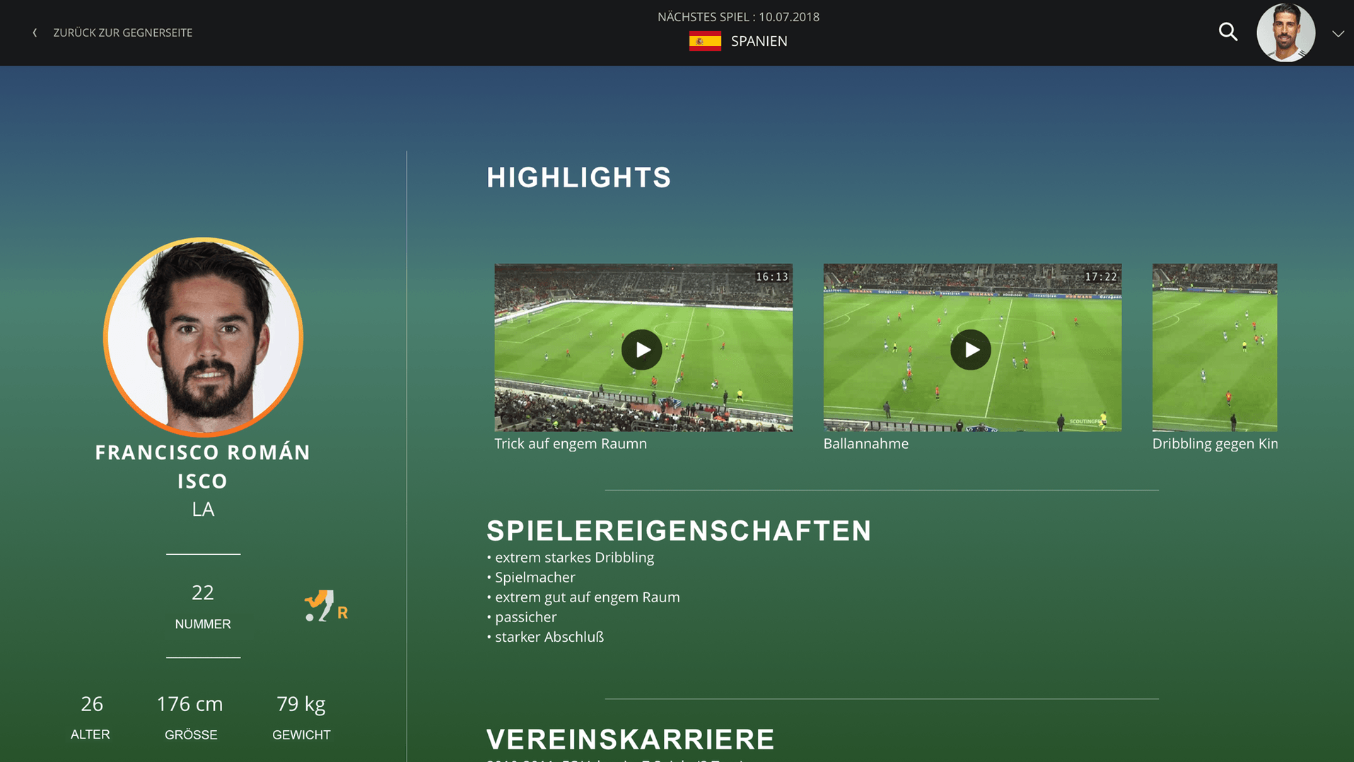 Alle Infos über Spaniens Isco in der App der Nationalelf: Seine häufigsten Tricks lassen sich oben sogar im Video anschauen, darunter gibt es eine detaillierte Analyse seiner Fähigkeiten.