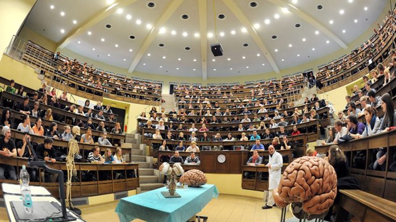 Studenten der Human- und Zahnmedizin hören im historischen Hörsaal am Institut für Anatomie der Universität Leipzig eine Vorlesung zu Neuroanatomie.