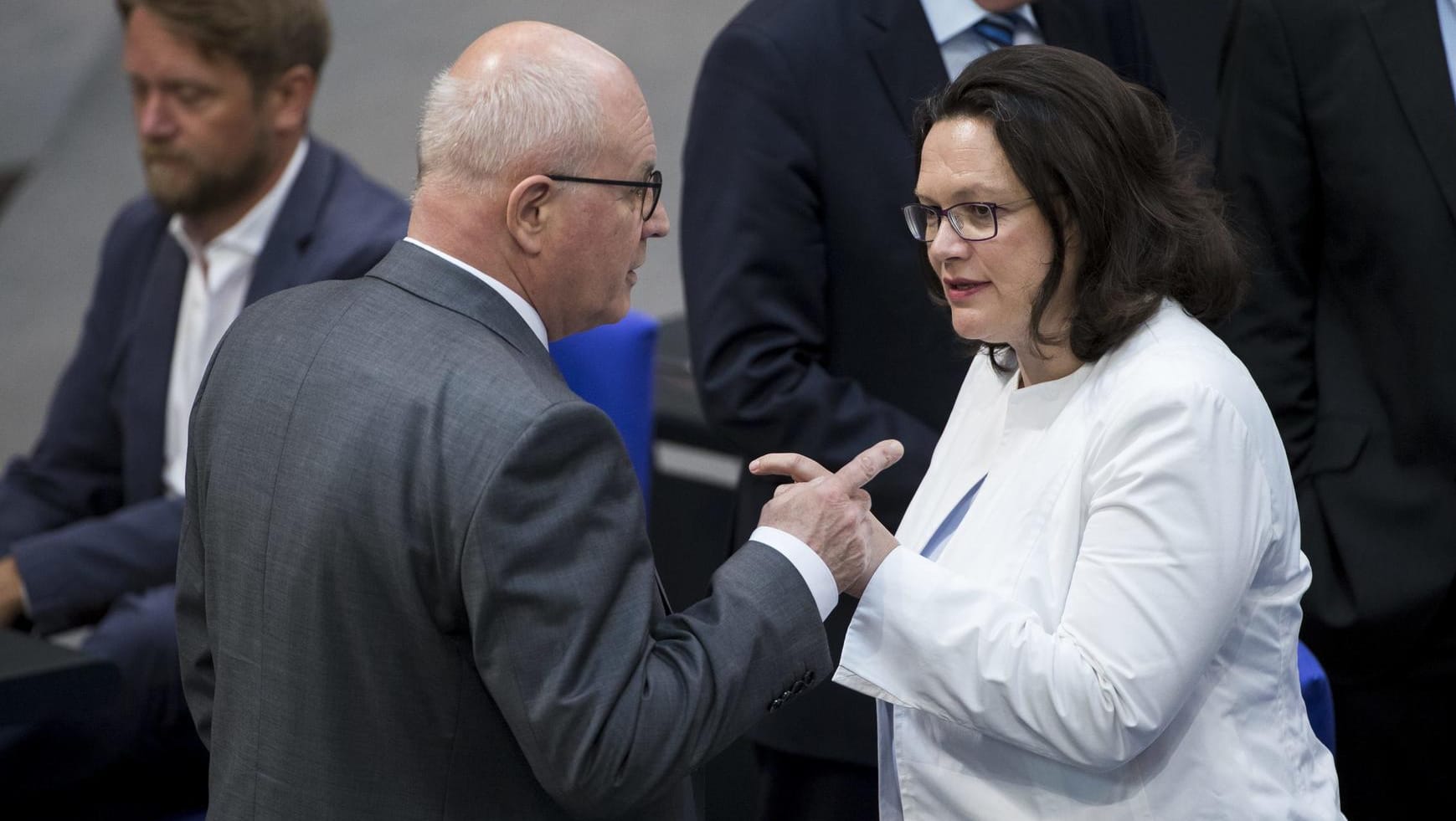 SPD-Vorsitzende Nahles und Unionsfraktionsvorsitzender Kauder: Gemeinsam haben die Regierungsfraktionen einen Finanzspritze zur Parteienfinanzierung beschlossen – gegen den erbitterten Widerstand der Opposition.