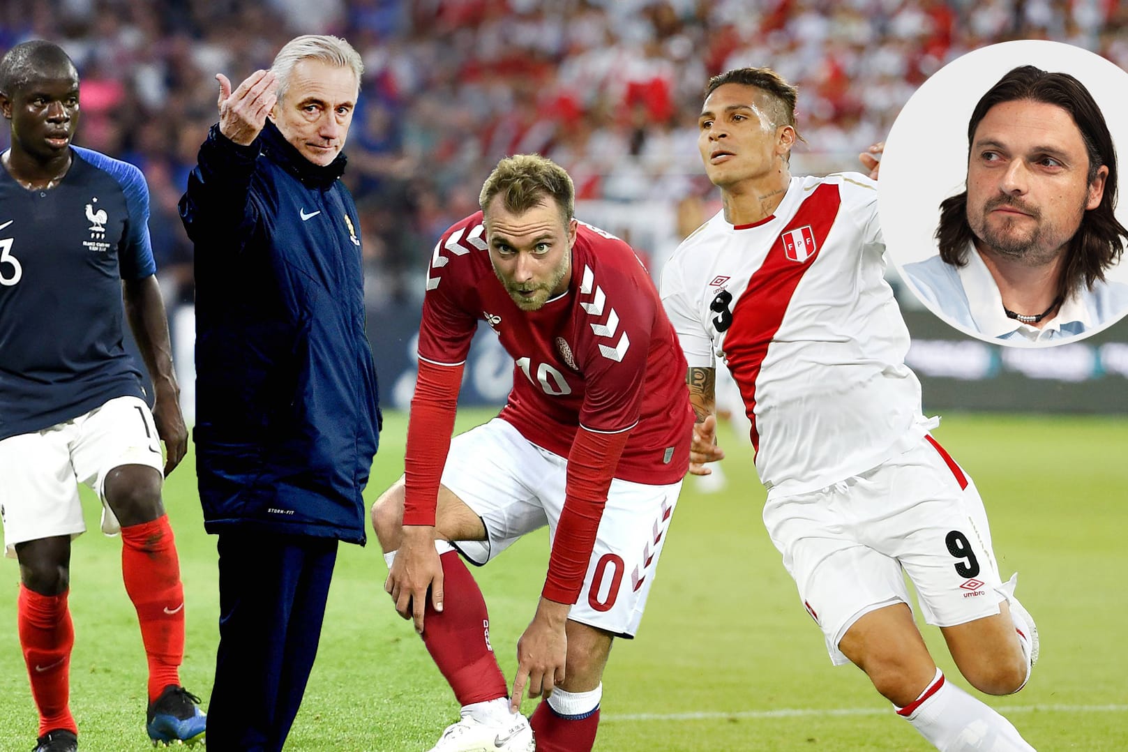 Für t-online.de-Experte Lutz Pfannenstiel die Protagonisten ihrer Teams (v. l.): Frankreichs N'Golo Kanté, Australien-Trainer Bert van Marwijk, der dänische Spielmacher Christian Eriksen und Perus Paolo Guerrero.