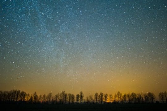 Der Sternenhimmel über einem Feld im Oderbruch in Brandenburg.