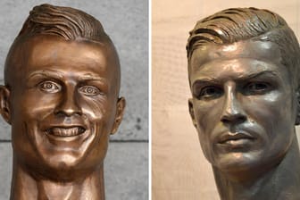 Links die alte Büste, rechts die neue: Christians Ronaldos Management bat um die Entfernung der verhöhnten Figur.