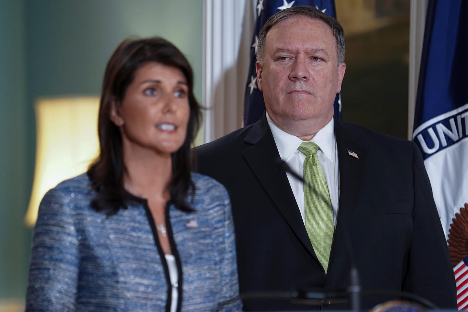 Die UN-Botschafterin der USA, Nikki Haley, und US-Außenminister Mike Pompeo: Die USA sind aus dem UN-Menschenrechtsrat ausgetreten.