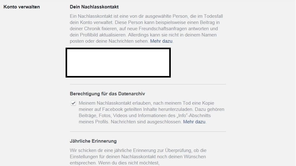 Klicken Sie auf Konto verwalten und wählen Sie einen Nachlasskontakt. Alternativ können Sie auch wählen, ob das Konto nach Ihrem Tod gelöscht werden soll.