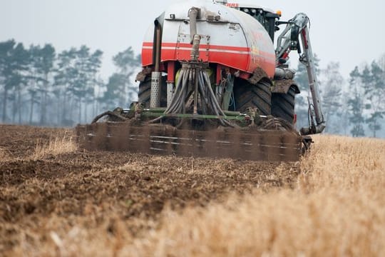 Gülle wird auf einem Feld verteilt.