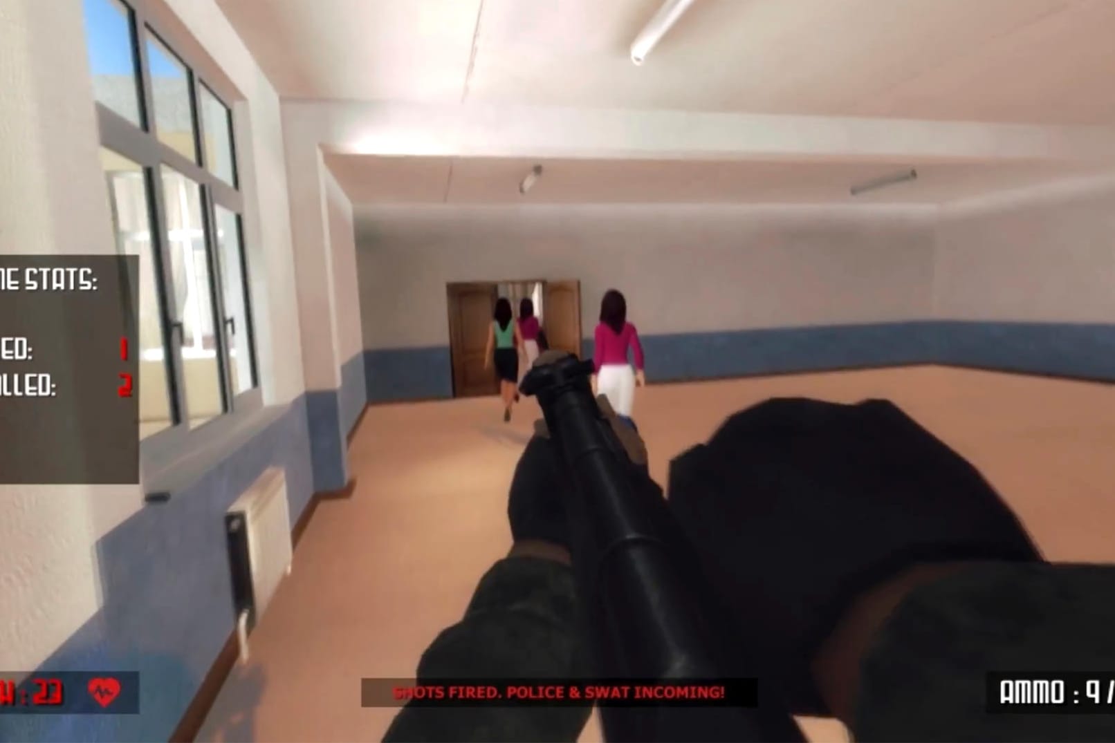 Szene aus dem Videospiel "Active Shooter": Der Spieler kann sich entscheiden, ob er eine Schule angreift oder verteidigt.