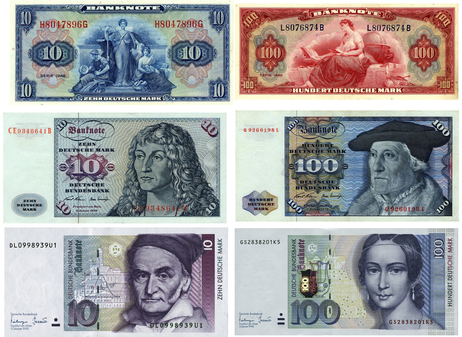 Banknoten zu 10 und 100 DM von 1948 bis 2001: Die Kombo zeigt die 10 und 100 DM Banknoten aus dem Jahr 1948 (oben), 1963 und 1962 (Mitte, l-r) und aus den Jahren 1991 und 1997 (unten, l-r).