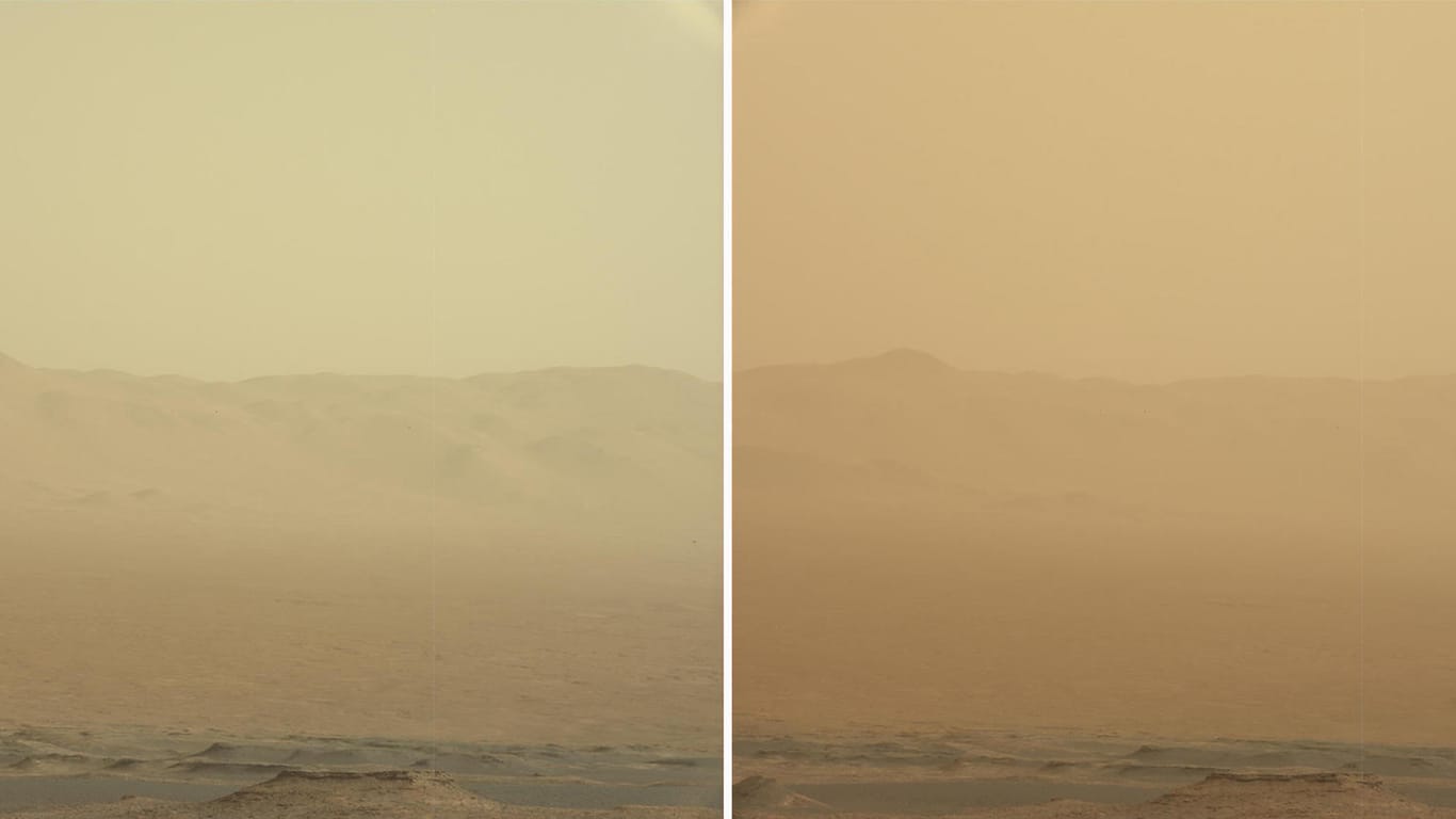 Wachsender Staubsturm auf dem Mars: Das Foto links entstand am 7. Juni, das Foto rechts drei Tage später.