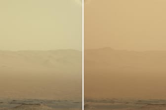 Wachsender Staubsturm auf dem Mars: Das Foto links entstand am 7. Juni, das Foto rechts drei Tage später.