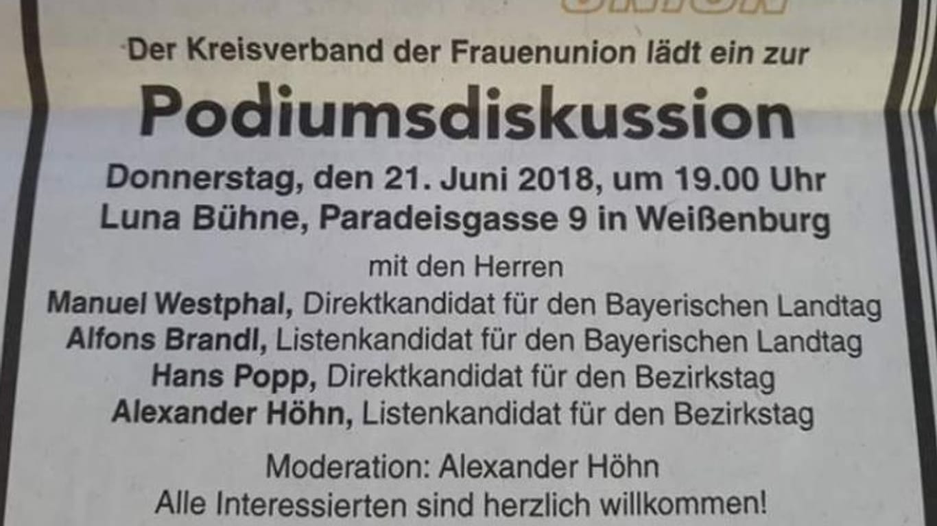 Nur Männer: Die Einladung zur Podiumsdiskussion in Weißenburg, die als Anzeige in der örtlichen Zeitung erschienen ist.