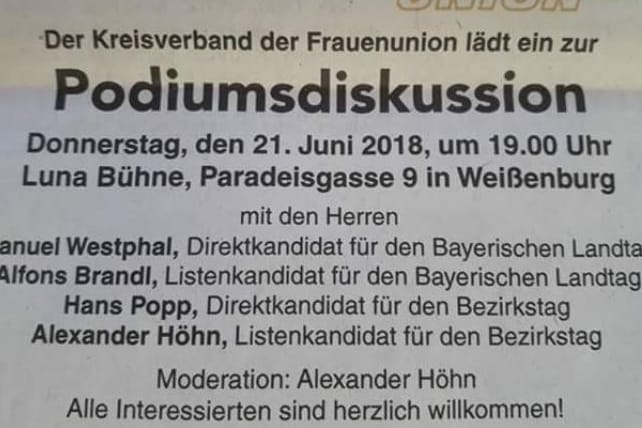 Nur Männer: Die Einladung zur Podiumsdiskussion in Weißenburg, die als Anzeige in der örtlichen Zeitung erschienen ist.