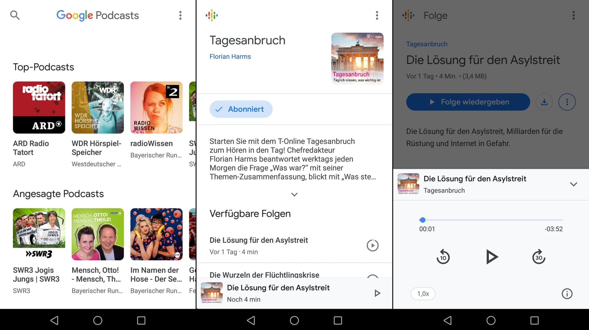 Screenshots aus der Google Podcast-App