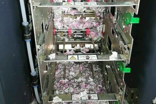 In einem Geldautomaten im Nordosten Indiens liegen zerfetzte Geldscheine im Wert von umgerechnet mehr als 15.