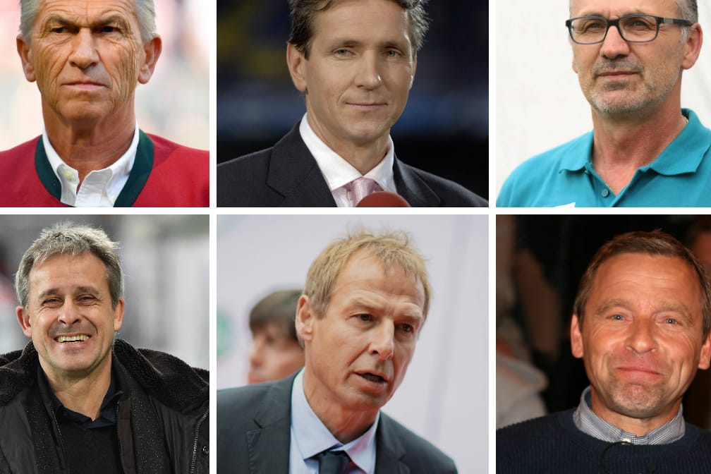 Sehen gegen Schweden gute Chancen für die deutsche Mannschaft (i. Uhrzeigersinn v. o. r.): Klaus Augenthaler, Bodo Illgner, Jürgen Kohler, Thomas Häßler, Jürgen Klinsmann und Pierre Littbarski.