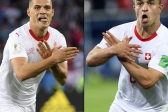 Granit Xhaka (l) und Xherdan Shaqiri (r) bildeten beim Torjubel mit den Händen symbolisch einen Vogel nach - wohl den doppelköpfigen albanischen Adler.