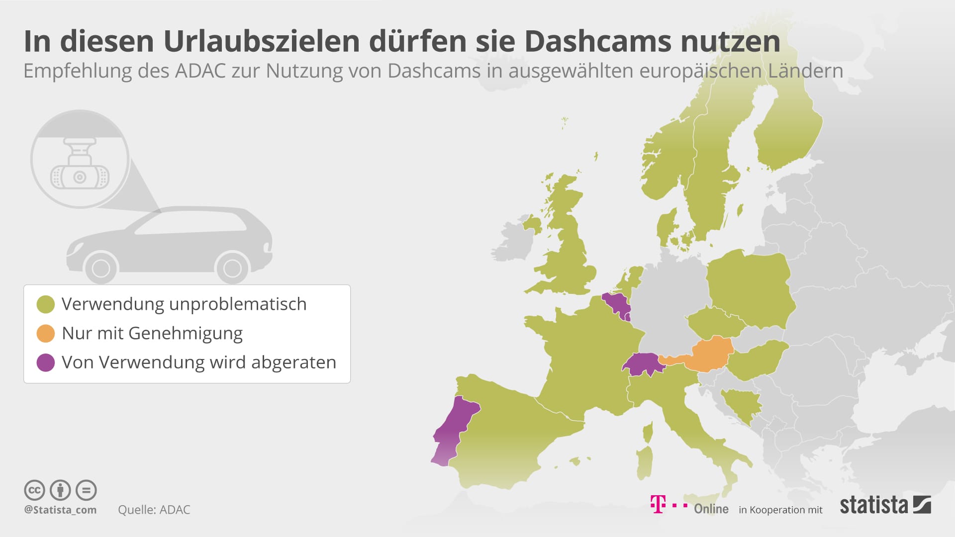 Dashcam im Urlaub: In vielen Ländern ist das Nutzen der Kameras kein Problem. Andere Länder (grau eingefärbt) haben diese Frage noch gar nicht geregelt.