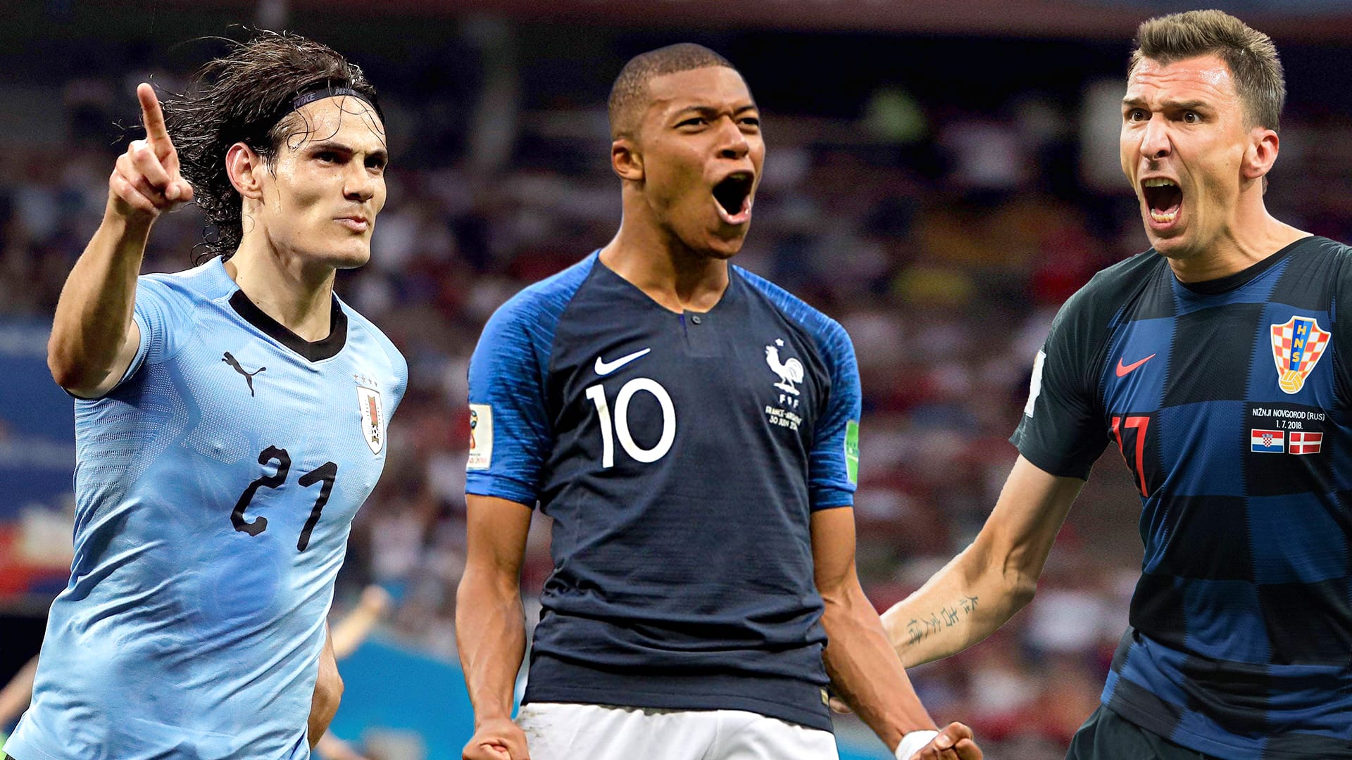 Titelkandidaten (v.l.n.r.): Edinson Cavani, Kylian Mbappé und Mario Mandzukic.