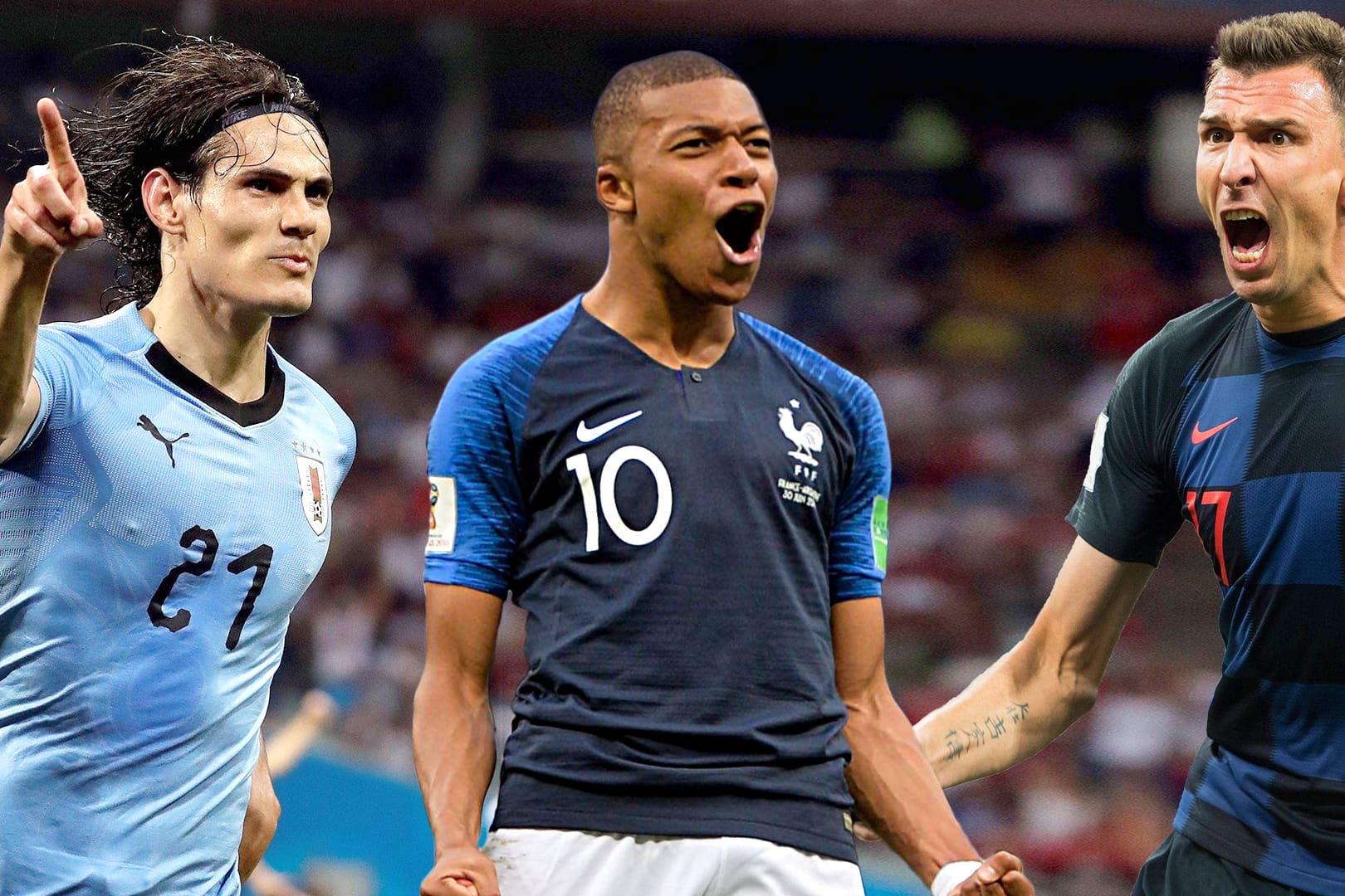 Titelkandidaten (v.l.n.r.): Edinson Cavani, Kylian Mbappé und Mario Mandzukic.