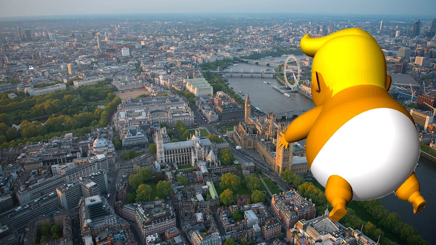 Eine Simulation des aufblasbaren Trump-Babys über London: Die Erfinder des Projekts wollen mit dem Baby auf Welttournee gehen. Eine Simulation des aufblasbaren Trump-Babys über London: Die Erfinder des Projekts wollen mit dem Baby auf Welttournee gehen.