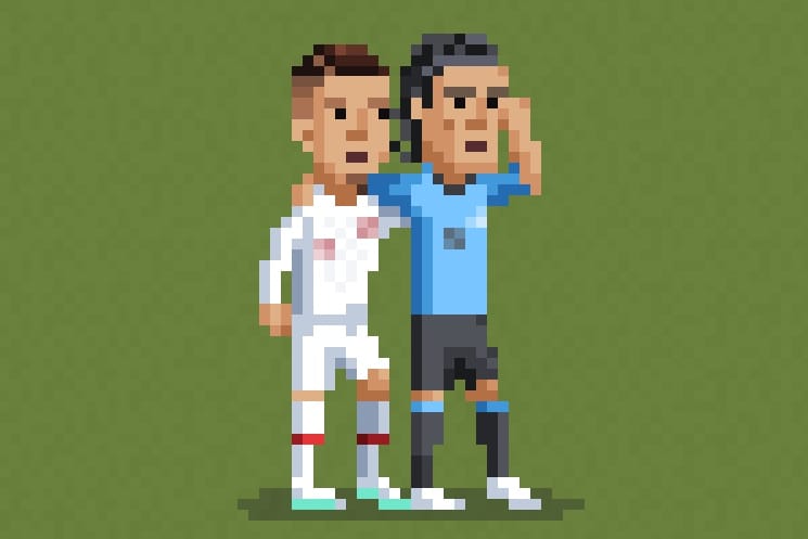 Cristiano Ronaldo, der Edinson Cavani vom Platz führt: Eine der Szenen der WM 2018 in der 8bitfootball-Version.