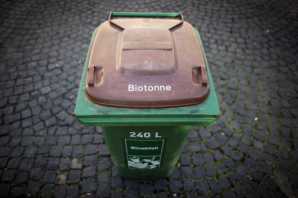 Eine Biotonne steht in einem Innenhof: Beim Sammeln von Biomüll hakt es in Deutschland.