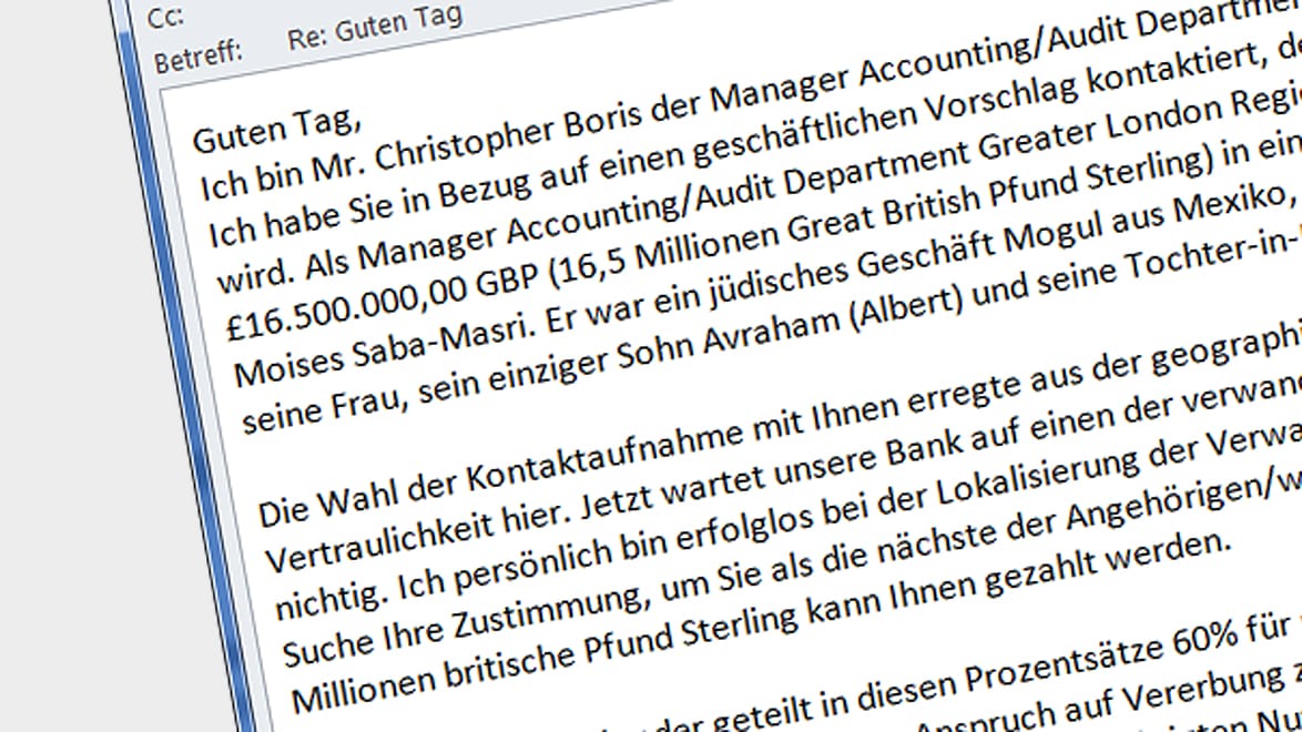 Eine sogenannte "Scamming"-Mail: Die Betrüger denken sich mitunter abenteuerliche Geschichten aus.