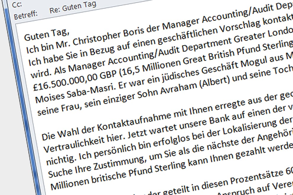 Eine sogenannte "Scamming"-Mail: Die Betrüger denken sich mitunter abenteuerliche Geschichten aus.