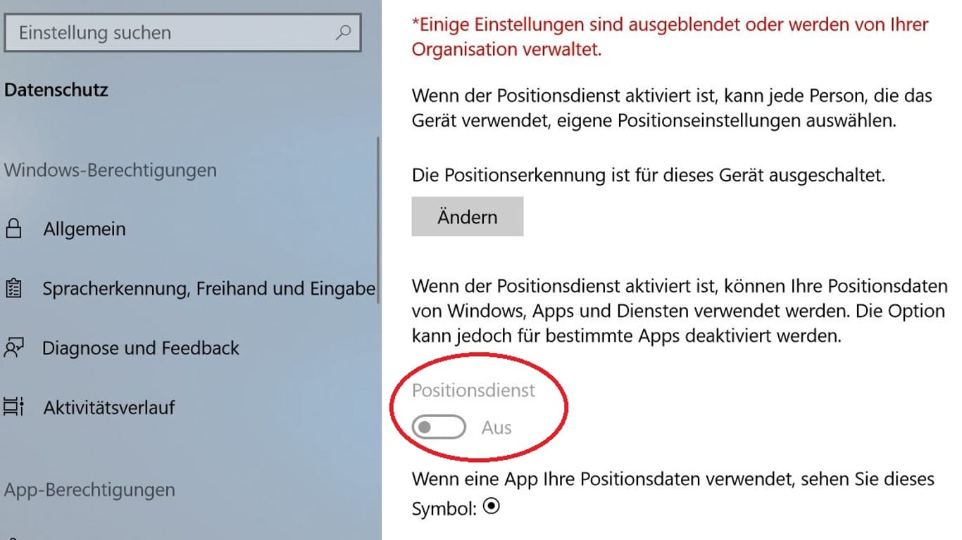 Schalten Sie den Positionsdienst aus, damit Windows und Apps Ihren Standort nicht verwenden.