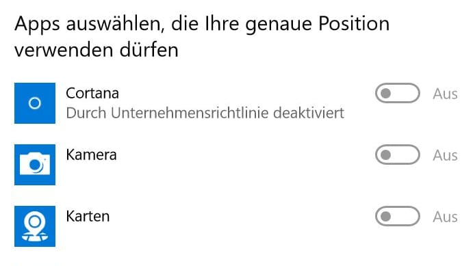 Alternativ können Sie auch einzelnen Apps Berechtigungen für Standortermittlung entziehen.