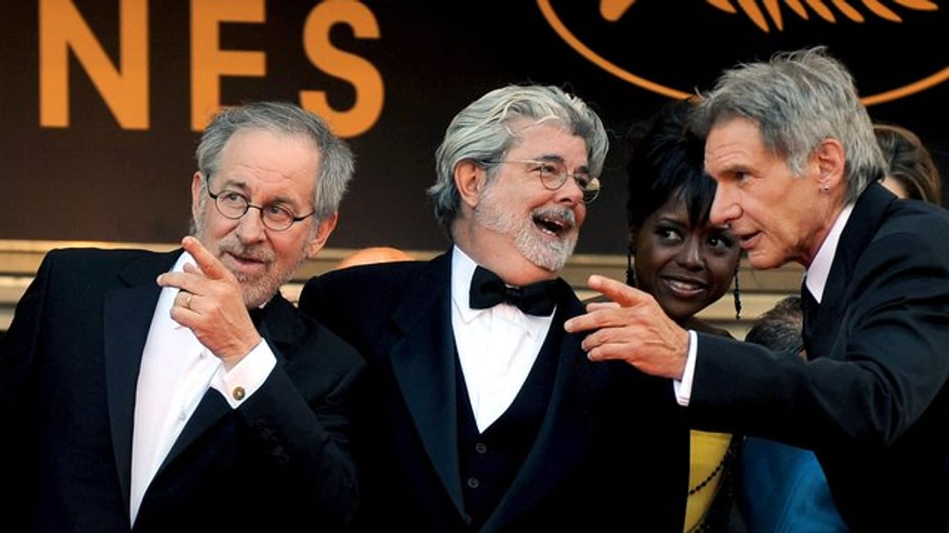 Steven Spielberg, George Lucas und Harrison Ford bei der Premeier von 'Indiana Jones 4' 2008 in Cannes.