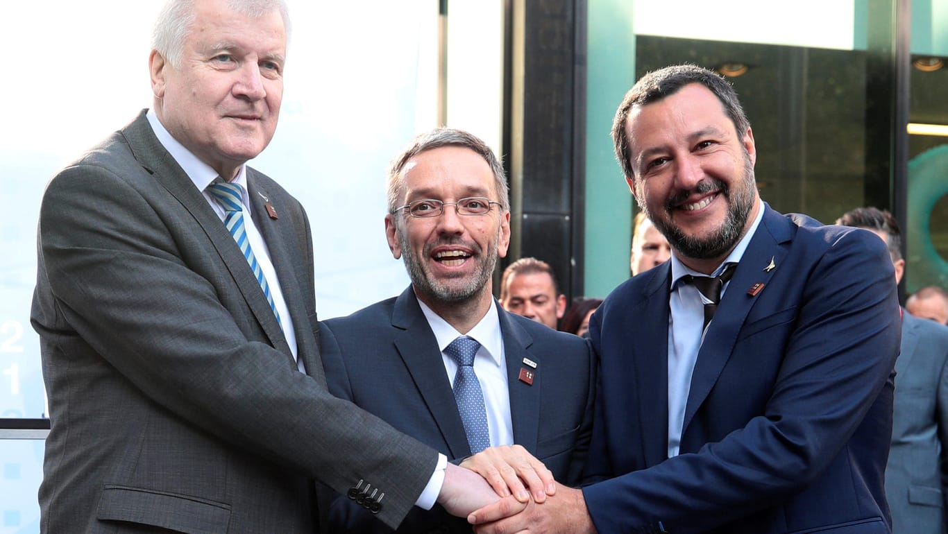 Handschlag mit Rechtsextremisten: Bundesinnenminister Horst Seehofer (l., CSU) mit seinen Amtskollegen Herbert Kickl (M., FPÖ) und Matteo Salvini (Lega) in Innsbruck.