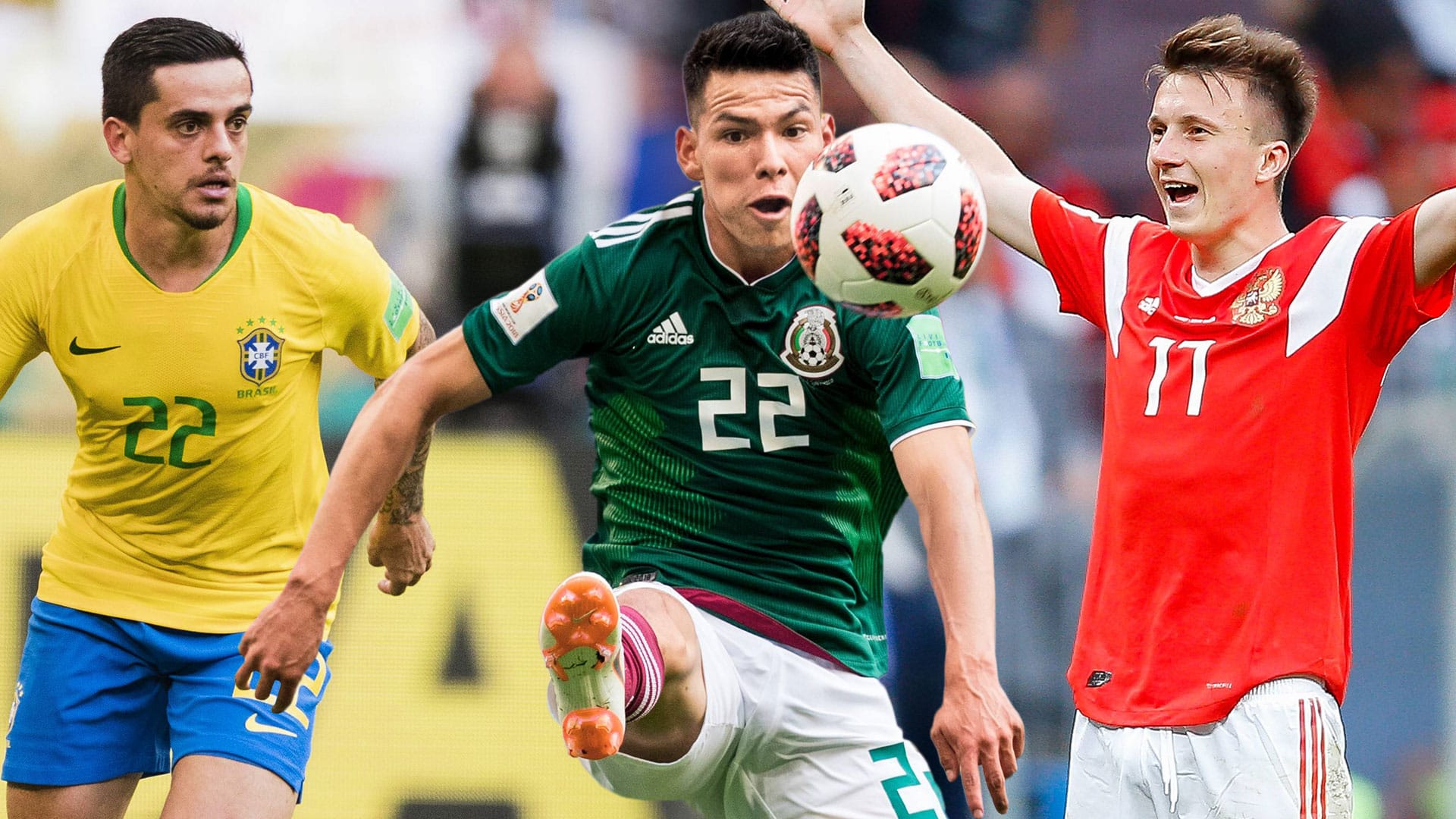 Sie konnten sich bei der WM empfehlen: Fagner (r.), Hirving Lozano (m.) und Aleksandr Golovin.